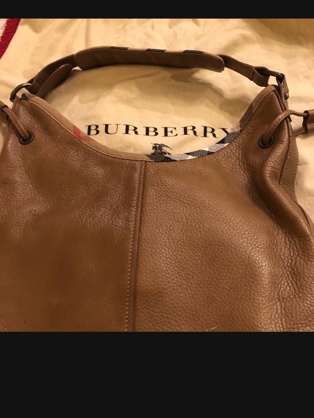 Burberry Brown Leather Shoulder Hobo with Check Trim